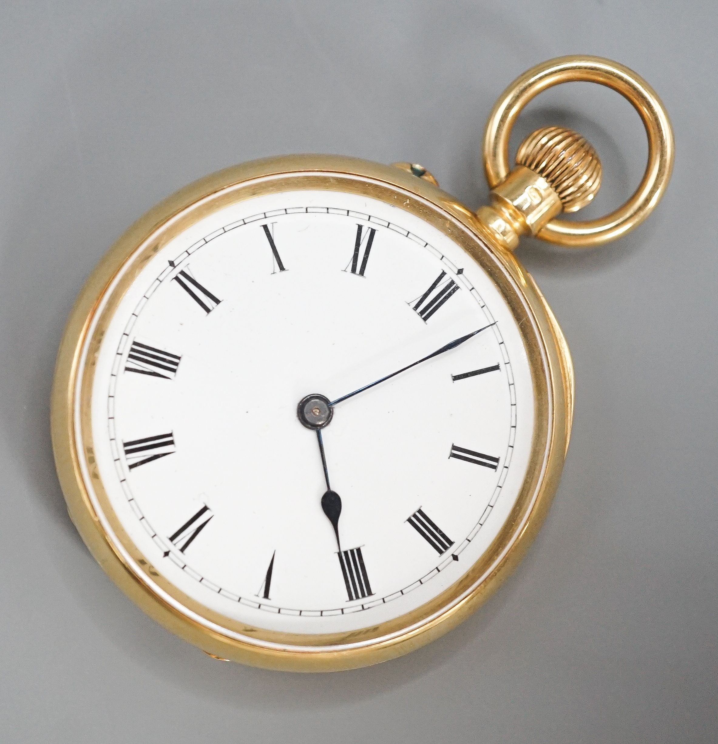 A continental 18k open face fob pocket watch, case diameter 37mm, gross weight 40.9 grams.